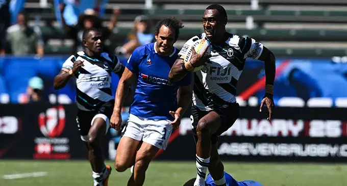 Fiji Airways Fijian 7s lanky forward Joseva Talacolo on the burst against France in their pool C clash of the Los Angeles Sevens at Dignity Health Park in Carson, California, in the United States of America on August 28, 2022. Photo: AFP