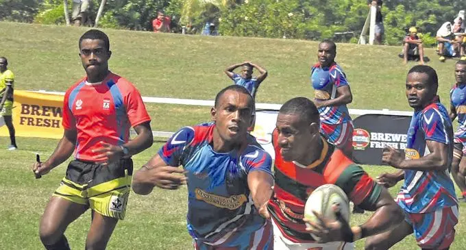 Army Green on attack against Nanumi Au during the Fiji Bitter Malomalo 7s at Lawaqa Park, Sigatoka, on April 16, 2021. Photo: Mereleki Nai