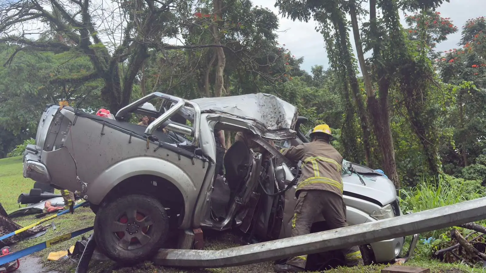 The remains of the motor vehicle involved in the accident along Edinburgh Drive in Samabula on October 22, 2025.