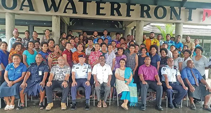 The Minister for Youth and Sports, Parveen Bala (front row, fifth from left), with the Pacific Center for Peace Building executive director, Florence Swamy (front row, sixth from left, Deputy Divisional Police Commander West, Superintendent Aisake Kafoa (front row, fourth from left) with stakeholders and youths following the opening of the Lautoka Youth Empowerment training at the Tanoa Waterfront Hotel on April 25, 2022.  Photo: Nicolette Chambers