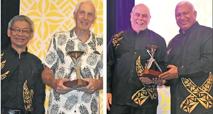From left: Fiji Excellence Tourism Awards Trustee Dixon Seeto, Life Achievement award recipients Michael Dennis and Bill Whiting, with chief guest and Prime Minister Voreqe Bainimarama on February 16, 2019, during the ANZ Fiji Excellence Tourism Awards at the Sofitel Fiji Resort and Spa in Denarau, Nadi. Photos: Waisea Nasokia
