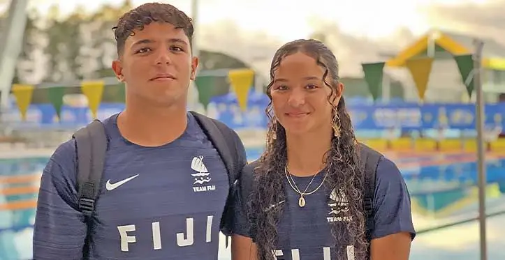 Waqainabete siblings, Zion (left) with sister Eden at the Solomon Islands national aquatic centre in Honiara on November 21, 2023. Photo: Sereana Salalo