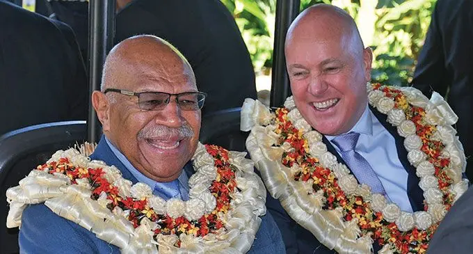 Prime Minister Sitiveni Rabuka and New Zealand counterpart Christopher Luxon during the latter’s official visit to Fiji in past week. Photo: Waisea Nasokia
