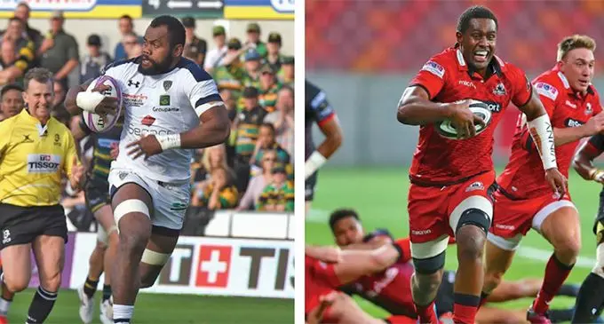 From left: Fiji Airways Flying Fijians squad members Peceli Yato and Viliame Mata.