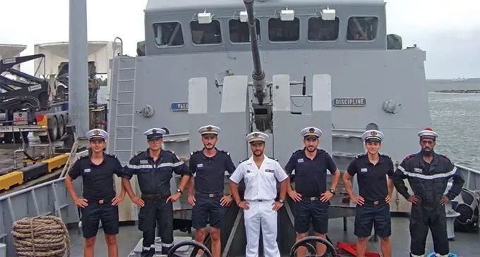 Lieutenant Julien Feurtey, Commanding Officer (middle), of the French Navy Ship - La Glorieuse, with some of his crew at the Port of Lautoka on February 15, 2019. Photo: Rohit Kumar