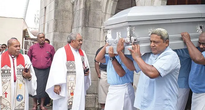 Former Methodist Church President Rev. Dr. Tevita Banivanua (left) with President Dr. Epineri Vakadewavosa during the late Methodist Church of Fiji Deputy General Secretary Rev. Jeremaia Waqainabete funeral service at Centenary Church on March 29, 2019. Photo: Ronald Kumar