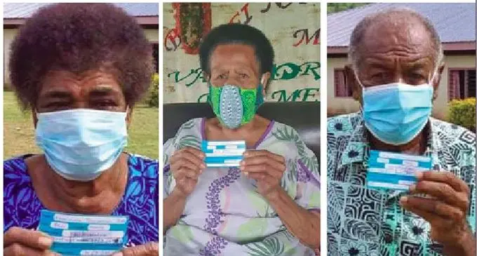 From left: Matawailevu Villagers Kereiwasa Vunisa, Adi Alisi Catanalotu and Turaga Ni Mataqali Nasilimai, Kesi Naloma after getting their first dose of the COVID-19 vaccine. 