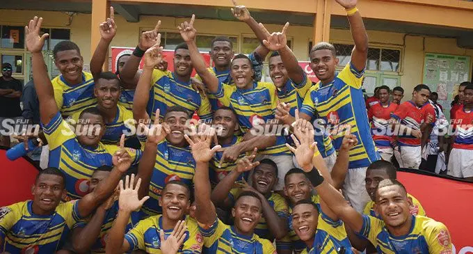 Ratu Kadavulevu School Panthers Under-17 rugby league players show their joy after winning the final at Marcellin Primary School in Vatuwaqa, Suva, today. Photo: Ronald Kumar