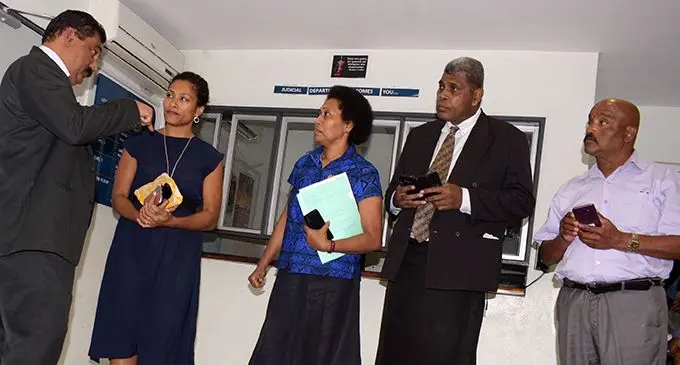 From left: Fiji Trades Union Congress National Secretary Felix Anthony, SODELPA Member of Parliament Lynda Tabuya,  WAF workers union rep Camari Kuruwale and Anasa Tuviniwai and Shiu Lingam of the National Union of Workers outside the Tribunal Court on May 7, 2019. Photo: Ronald Kumar