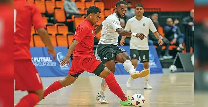 Fiji’s Dave Radrigai passes the ball against Tonga during the OFC Futsal in Auckland, New Zealand. Photo: OFC Media