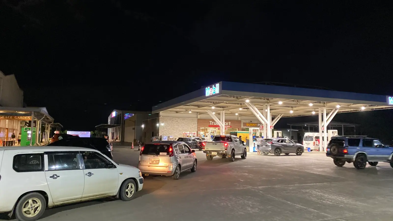 Vehicles queue up at the Mobil service station in Navua on May 31, 2026.