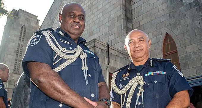 Assistant Commissioner of Police Crime ACP Mesake Waqa (left), and Acting Police Commissioner Juki Fong Chew outside Centenary Church in Suva on December 17, 2024. Photo: Leon Lord