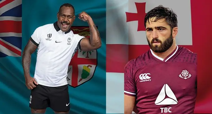 From left: Flying Fijians 'Demolition Man' Levani Botia and his Georgian counterpart, Beka Saghinadze (right). Photo: World Rugby 