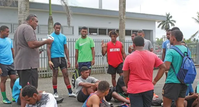 Fijian Under-20 rugby head coach Kele Leawere talks to the Under-20 players during the trials in Suva on February 6, 2019. Photo: Grace Narayan