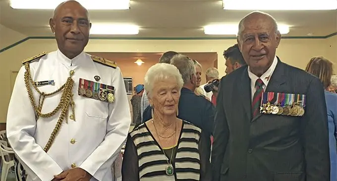 From left: Republic of Fiji Military Forces Commander Rear Admiral Viliame Naupoto, the late Brigadier-General (Ret’d) Ian Thorpe’s wife, Patiricia and Speaker of the House Ratu Epeli Nailatikau. Photo: RFMF Media Cell