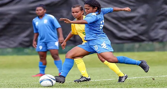 Fijian Women Under-19 striker Asilika Gasau takes a shot at goal against Solomon Islands in Rarotonga, Cook Islands on August 31, 2019. Photo: OFC Media 