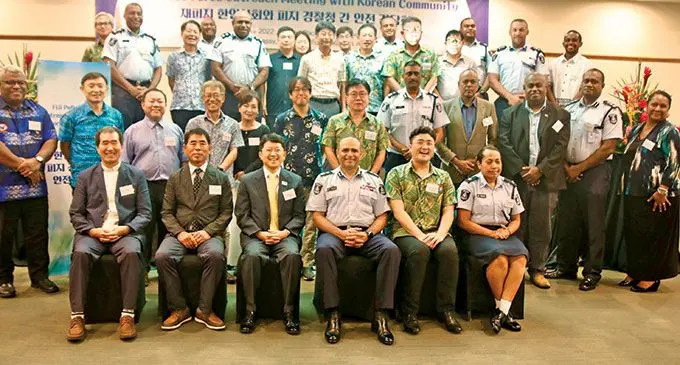 Commissioner of Police Brigadier-General, Sitiveni Qiliho, Korean Ambassador to Fiji, Park Young-Kyu, with members of the Fiji Police Force and the Korean community in Fiji during the Fiji Police Force Outreach Meeting with the Korean Community at the Grand Pacific Hotel in Suva on June 4, 2022.  Photo: Police Media Cell