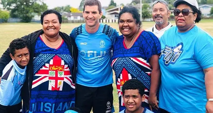 Fiji fans with Fiji Airways Fijian 7s head coach Gareth Baber after their training run at the Fraser Tech Rugby Club ground in Hamilton, New Zealand on January 22, 2020.