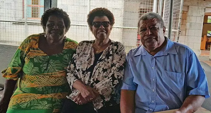 Watisoni Nata (right) with SODELPA USA 4 Fiji president Adi Asenaca Caucau and Ana Naivou after the SODELPA management board meeting at Epworth Hall on April 14, 2023. Photo: Wati Talebula-nuku