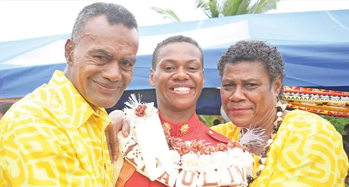 Proud parents Alipate Cawai and Koini Raivoli with daughter, Pulini Koroi following the RFMF passing-out parade at the Force Training Group(FTG) in Nasinu on May 26, 2023. Photo: Ronald Kumar