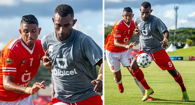 Labasa’s Lekima Gonerau (right) and Rewa’s Anish Khem contest for the ball during their Digicel Premier League match at the ANZ Stadium, Suva on November 15, 2021. Khem scored Rewa’s goal to hold Labasa at 1 all. Photo: Leon Lord