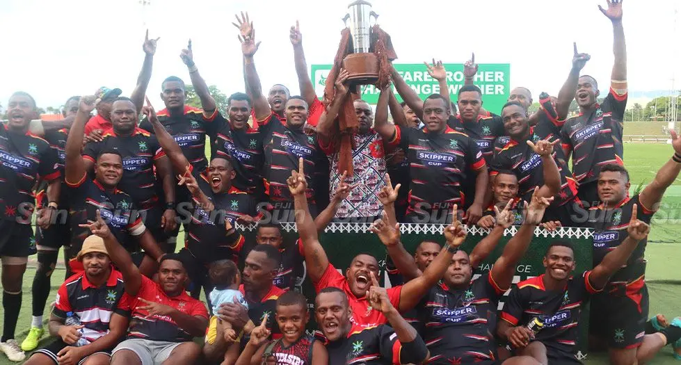 Naitasiri rugby players with the INKK Farebrother-Sullivan Trophy at Churchill Park, Lautoka, on May 25, 2024. Photo: Waisea Nasokia 