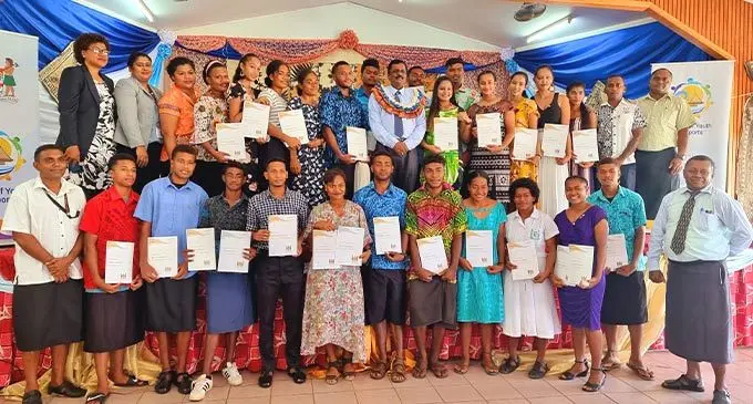 Minister for Youth and Sports, Parveen Bala (10th from left) with the 26 Duke of Edinburgh bronze and silver award recipients, with staff of Ministry for Youth and Sports in Labasa on June 27, 2022. Photo: Sampras Anand