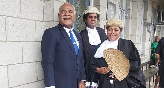 Former SODELPA Member of Parliament Simione Rasova with his lawyers Barbara Malimali and Pita Suguturaga outside the High Court in Suva on November 14, 2022. File Photo