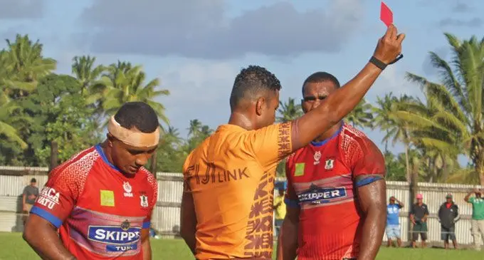 Namosi halfback Seru Vularika (left) is shown a red card for a dangerous tackle during their Skipper Cup Premier against Tailevu at Thompson Park, Navua on May 4, 2019..  Photo: Simione Haravanua