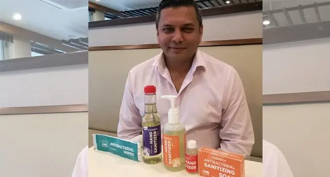 Merrill Bear Pte Limited managing director Div Damodar with his range of sanitisers.  Photo: Laiseana  Nasiga