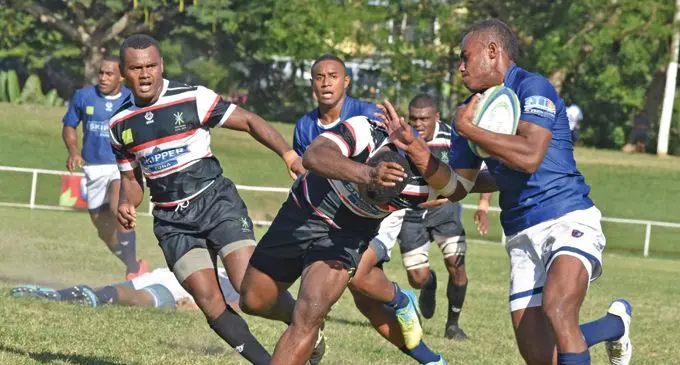 Jacks Nadi’s Marika Tivitivi is tackled by a Naitasiri player in the Skipper Cup Premiership clash at Prince Charles Park in Nadi on May 11, 2019.  Photo: Waisea Nasokia