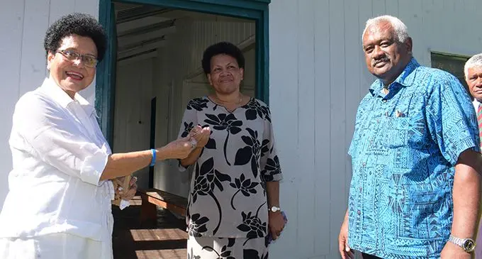 Founder of Hot Bread Kitchen Mere Samisoni (left) hands over the keys for the renovated teacher’s quarters to Ballantine Memorial  School Principal Miriama Naicegucegu and the School Manager Livai Tila on July 17, 2019. Photo: Ronald Kumar
