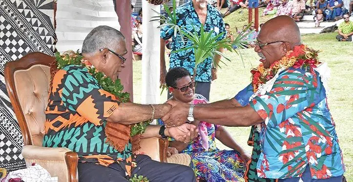 Tui Cakau and Speaker of Parliament, Ratu Naiqama Lalabalavu is congratulated by Prime Minister Sitiveni Rabuka on March 21, 2023. Photo: Department of Information