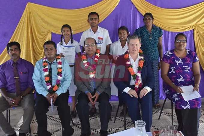 Delegates from Ministry of Education, Co‑chair of the Fiji Association of Auckland Dr Satendra Singh (third from left), NZ High Commissioner to Fiji Jonathan Curr (Fourth from left) with students of Bulileka Sanatan College on September 12, 2019. Photo: Mohammed Zulfikar
