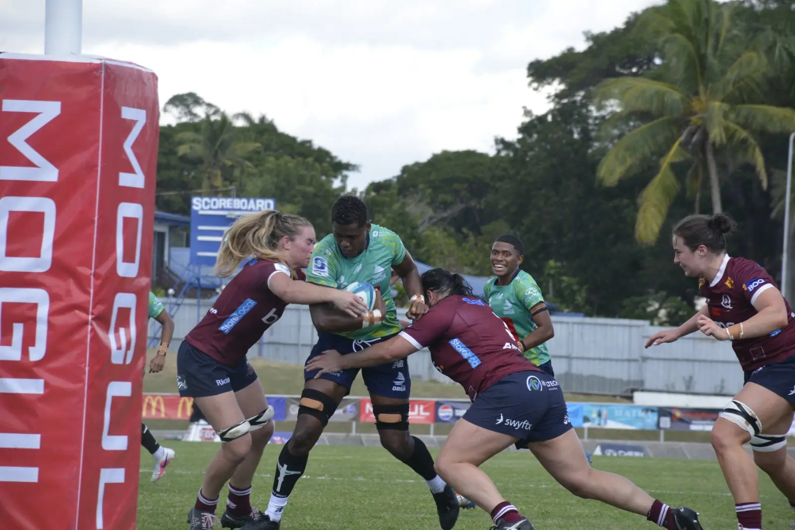 McDonalds’ Fijian Drua players celebrate Karalaini Naisewa’s try against Queensland Reds during their Super W semi-final match at Churchill Park, Lautoka on July 18, 2026. Drua won, 31-5. Photo: Waisea Nasokia