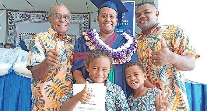 Elena Koloba with her father, Sitiveni Koloba (first from left), husband Iliuta Levu and children, Adi Litia and Nathan at the Fiji National University graduation ceremony in Labasa on April 24, 2024. Photo: Shratika Naidu