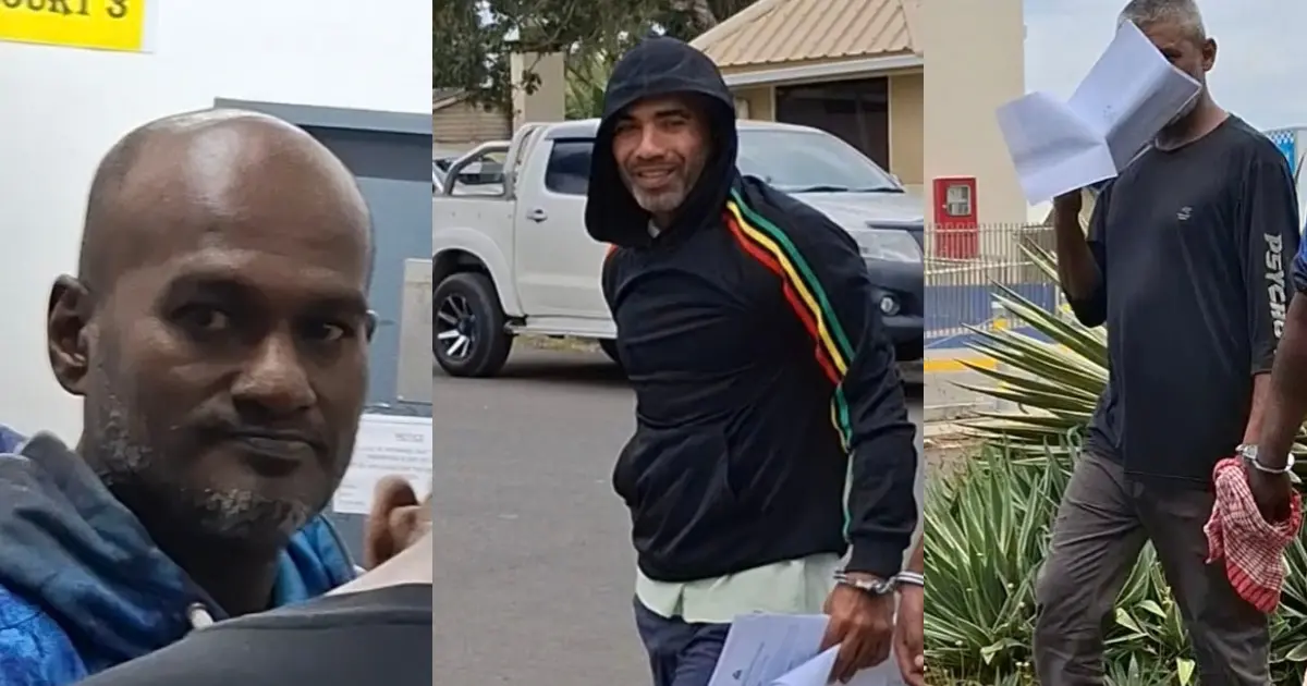 From left: Kunal Kumar, Shameer Hussein and Leon Bridge appeared at the Nadi Magistrates Court in relation to alleged drug and ammunition offences. Photos: Mereleki Nai