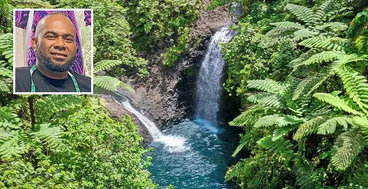 Lavena Waterfall, Taveuni. Inset: Pita Matakiviwa. Photo: Jernese Macanawai