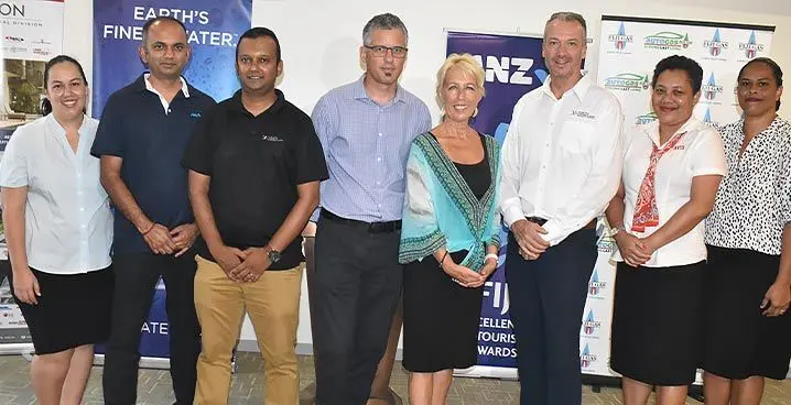 Fifth from left: Fiji Excellence in Tourism Awards chairwoman Debra Sadranu with board members and stakeholders at Nalagi hotel in Nadi. Photo: Mereleki Nai