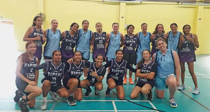 The Zodiac Vipers and Pasifika Fit basketball teams after their match at Yat Sen Secondary School, Suva on December 15, 2022. Photo: Sereana Salalo