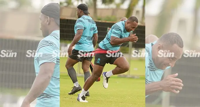Vodafone Flying Fijians captain Levani Botia (left) and fullback Manasa Mataele train at Albert Park, Suva, on July 7, 2022.Suva. Photo: Ronald Kumar
