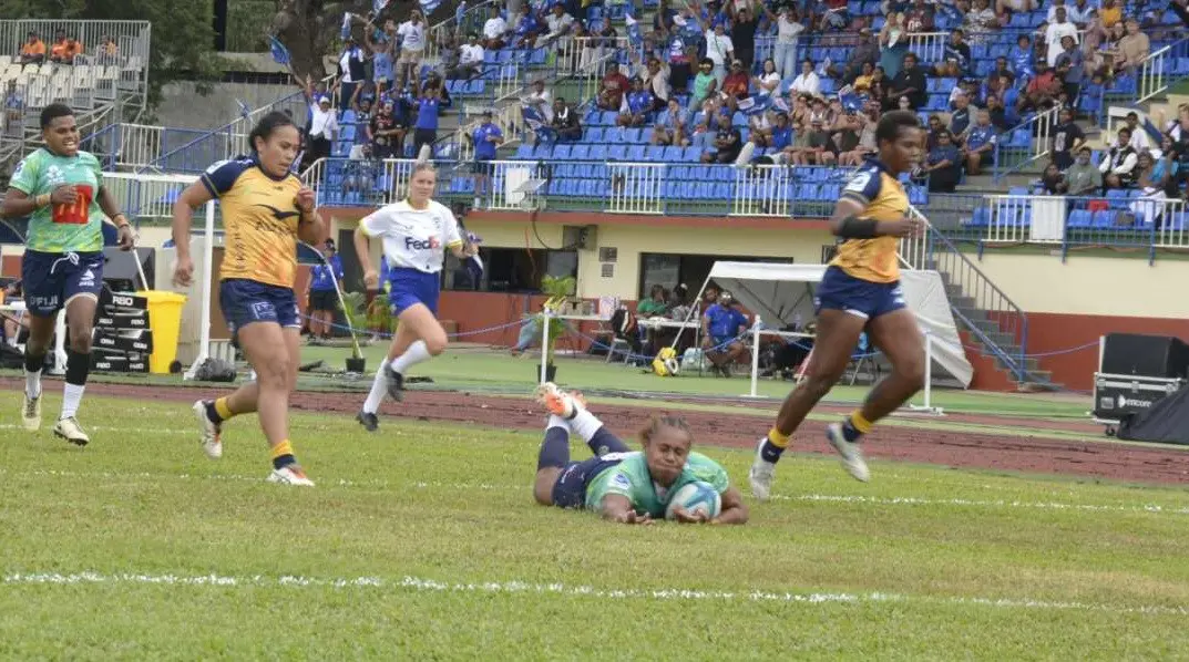 Fiji Drua Women second five eight Josivini Naihamu scores a try against Force at Churchill Park, Lautoka, June 13, 2026. 