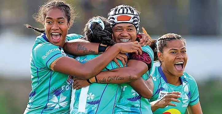 Rooster Chicken Fijiana Drua flanker Sulita Waisega (left) and prop Joma Rubuti (with head gear) celebrate with winger Kolora Lomani (11) after the 20-17 win over Waratahs in Sydney, Australia, on April 30, 2023. Photo: Fox Sports