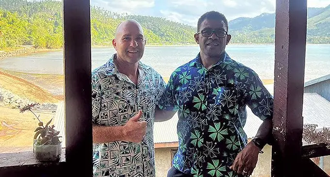From left: Fijian Drua head coach Glen Jackson and Head of Athletic Performance Naca Cawanibuka in Tavuki Village, Kadavu, on October 22, 2024. Photo: Fijian Drua