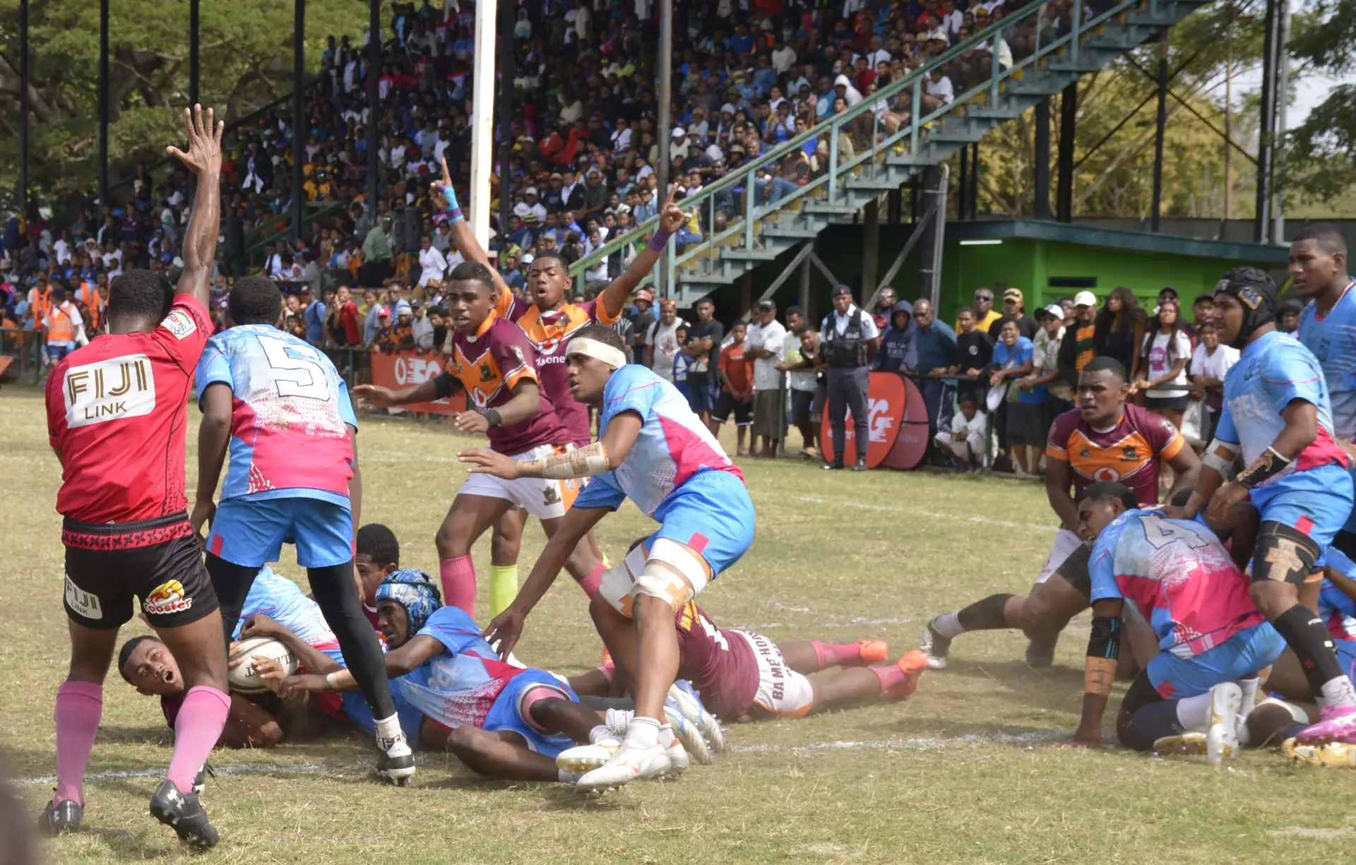 Ba Methodist High School players celebrate a try during their Vodafone Deans Under-17 quarterfinal match against Gospel High School at Garvey Park, Tavua on August 8, 2026. They will face Ratu Kadavulevu School in the semi-final. Photo: Waisea Nasokia