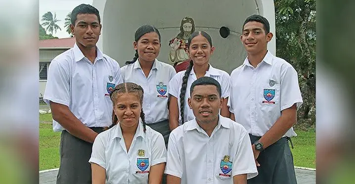 (upfront) Sacred Heart College head girl Ilisabeta Rede, head boy John Nayamode. Standing from (left-right) deputy head boy, Ezekiel Tu’uta, deputy head girl Savaira Soko and Halima Ingivald, deputy head boy Chance Wong at Sacred Heart College on March 3, 2023. Photo: Jone Salusalu