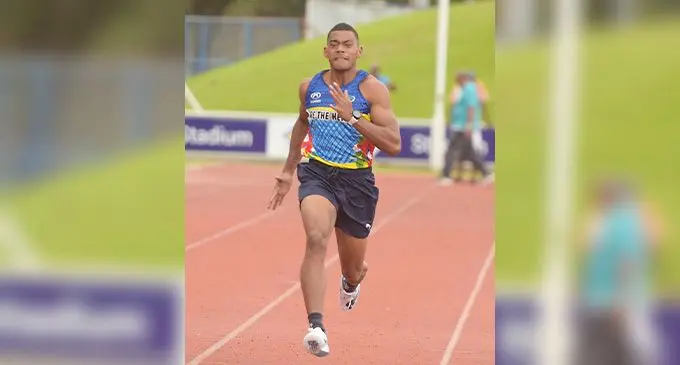 Jason Locksam of Bucalevu Secondary School wins the Maritime Zone senior boys 100 metres at HFC Bank Stadium on August 16, 2022. Photo: Ronald Kumar.