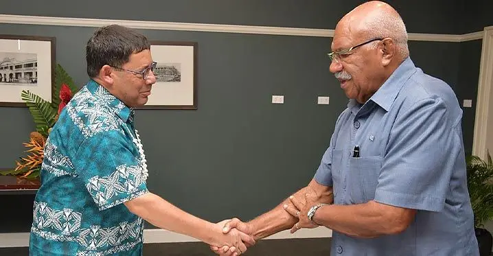 Ambassador of Israel to Fiji, His Excellency Mr. Roi Rosenblit with the Prime Minister of Fiji Sitiveni Rabuka. Photo: DEPTFO