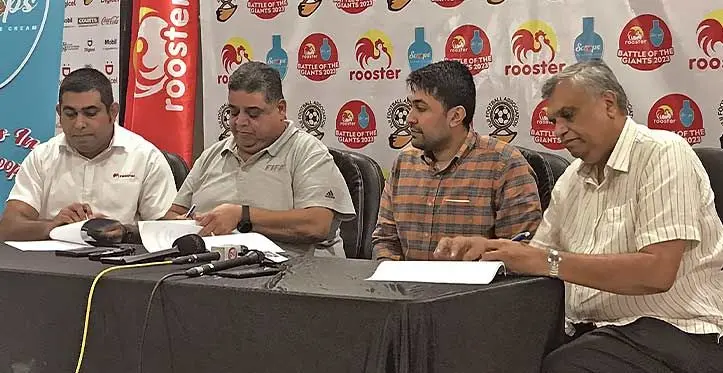 From left: Future Farms Ltd Rooster Poultry chief executive officer Stanley Raniga, Fiji Football Association president Rajesh Patel, Ashabhai & Company directors Neil and Harish Patel during the sponsorship signing at the Fiji FA headquarters in Vatuwaqa, Suva on July 12, 2023. Photo: Sereana Salalo
