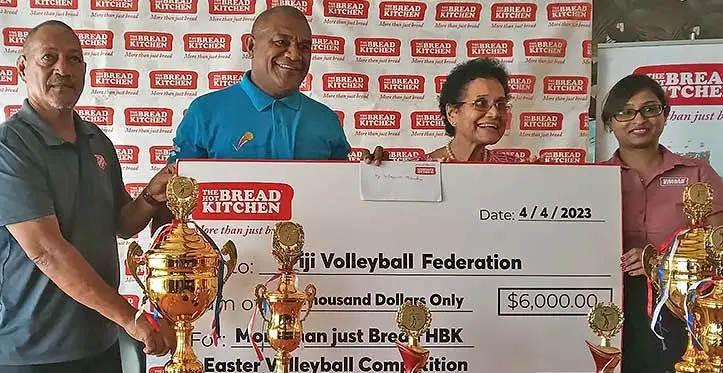 From left: Easter Championship tournament director Semi Lewenitovo, Fiji Volleyball Federation president Kemueli Naiqama, Hot Bread Kitchen founder Mere Samisoni and HBK Business Development Manager Upashna Ben during the sponsorship presentation at Café Noir in Suva on April 4, 2023.. Photo: Leone Cabenatabua